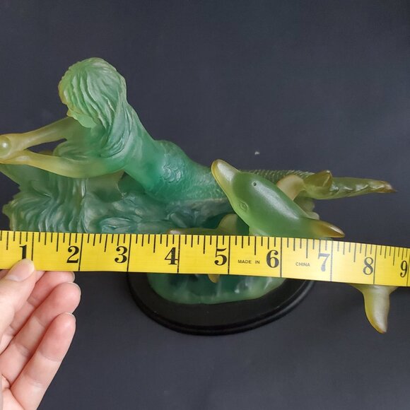 Vintage Mermaid & Dolphins Sculpture Statue Figurine Resin Dark Wood Base MCM 9" - Picture 11 of 12